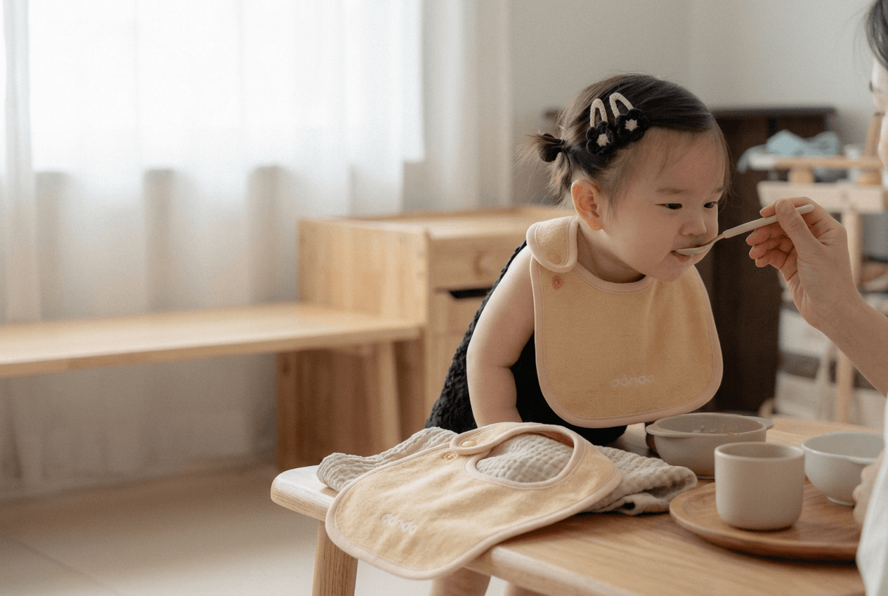 A soft-washed terry bib styled for gentle feeding and daily care