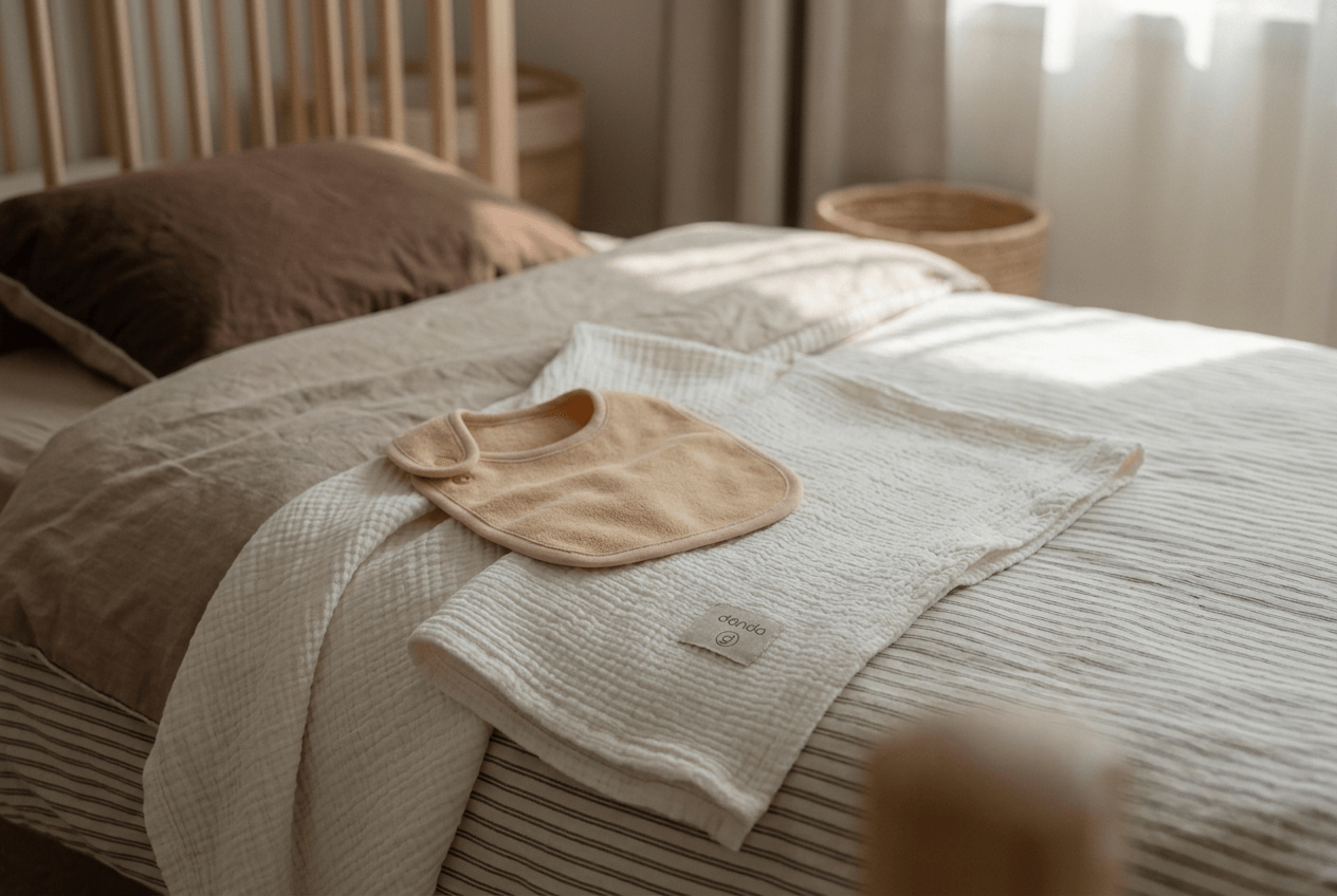 A peaceful nursery scene with dánda blankets, bibs, and bedding