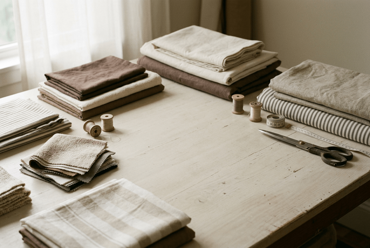 Close-up view of soft-washed cotton and terry fabric samples at dánda